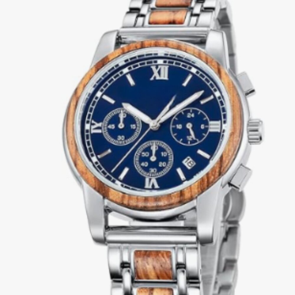 NEW Mens Wooden Luxury Blue/Silver  Watch